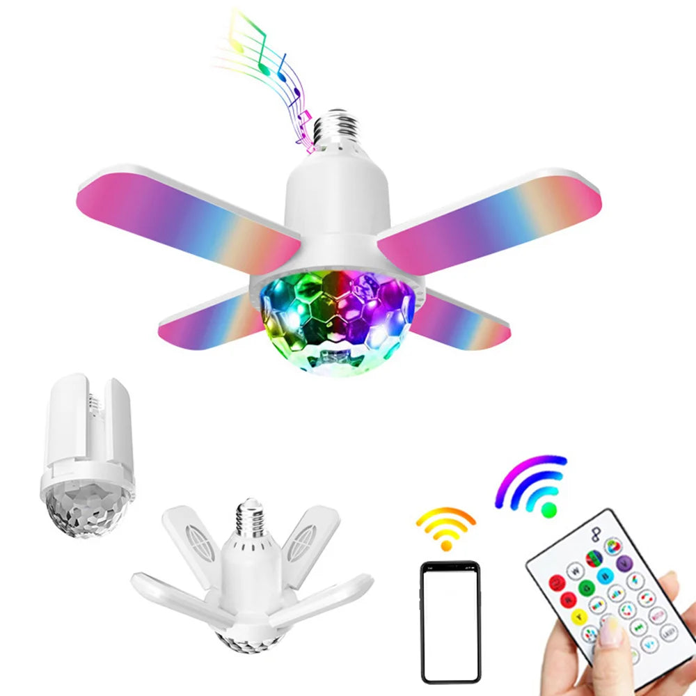 E27 LED Bulb Fan Blade Four-leaf Music Lamp Bluetooth Speaker Foldable LED Light Bulb Ceiling Light With Remote Controller