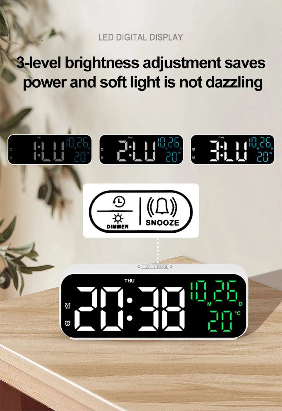 LED Digital Clock Temperature Date Week Display Desktop Clock 3 level Brightness Adjustment Voice Control Countdown Alarm Clock