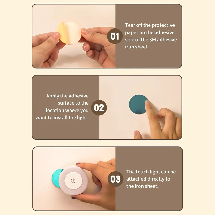 6CM Rechargeable Led Night Light with Touch Switch Wireless Wall Lamp Reading Book Light 3-Colors Dimmable for Bedroom Cabinet
