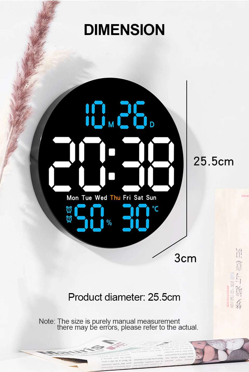 10inch LED Large Digital Wall Clock with Remote Control Temperature Humidity Date Week Display Countdown Timing Clock Home Decor