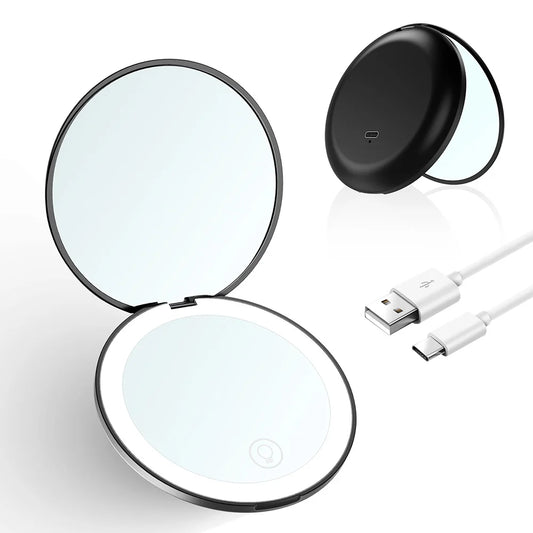 Miroir Compact Small Mini Player With Led Light Illuminated Women's Pocket Mirrors With 10x Magnification And Rechargeability