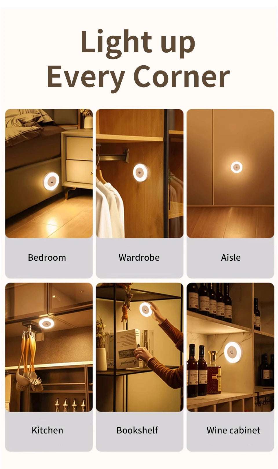 6CM Rechargeable Led Night Light with Touch Switch Wireless Wall Lamp Reading Book Light 3-Colors Dimmable for Bedroom Cabinet