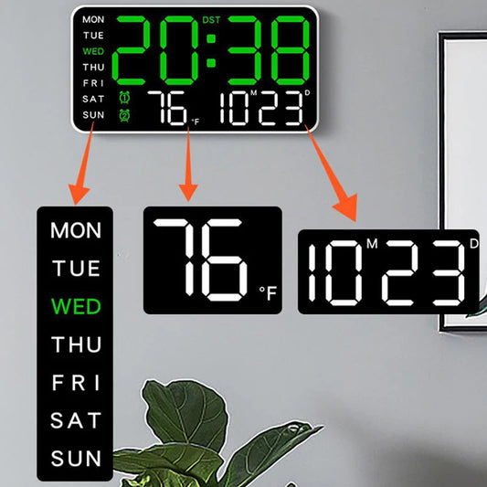 Large Digital Wall Clock With Voice Control LED Display Shows Week Date Temperature Alarm Brightness Adjustable 12/24H Format Fo