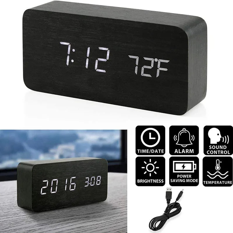 Retro wooden LED digital alarm clock silent with temperature night light electronic fashion wooden clock living room bedside