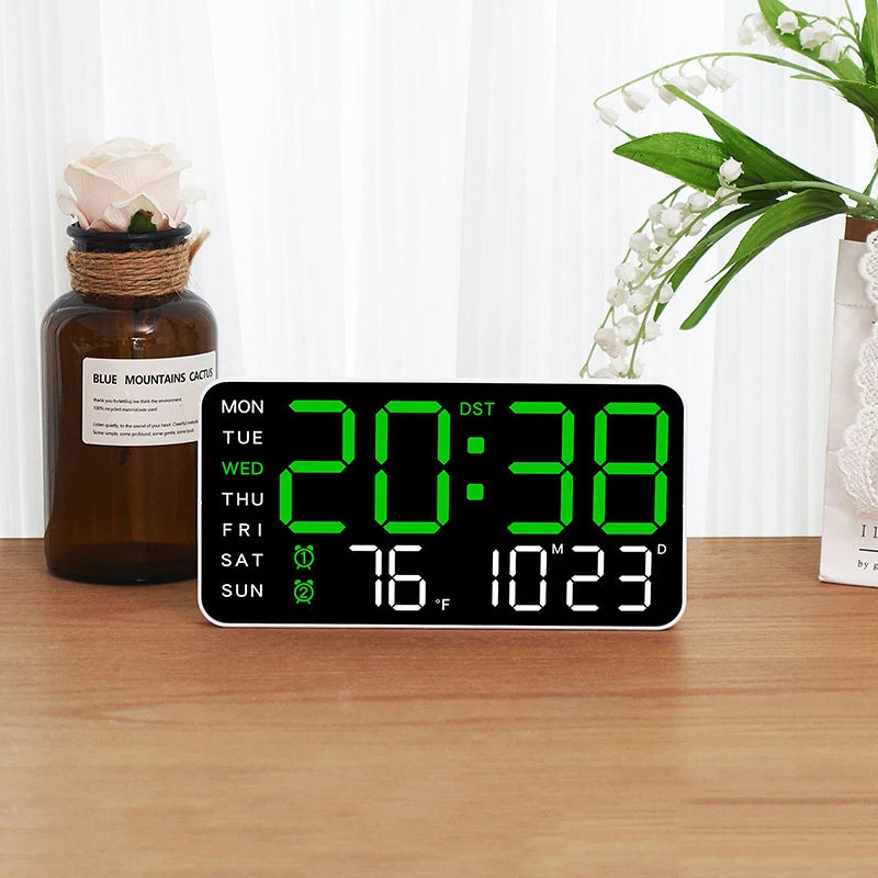 Large Digital Wall Clock With Voice Control LED Display Shows Week Date Temperature Alarm Brightness Adjustable 12/24H Format Fo