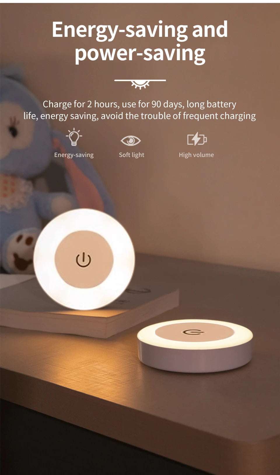 6CM Rechargeable Led Night Light with Touch Switch Wireless Wall Lamp Reading Book Light 3-Colors Dimmable for Bedroom Cabinet