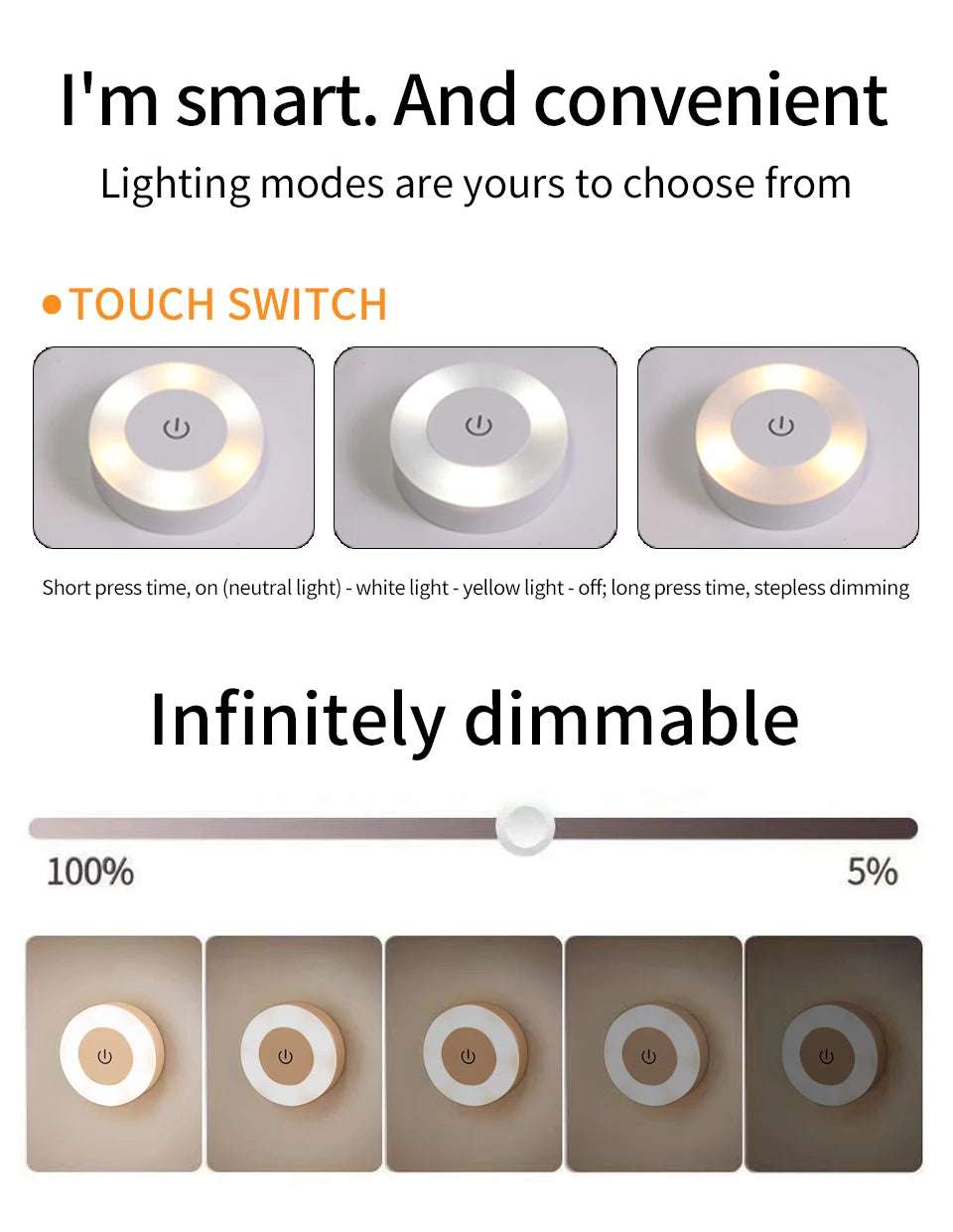 6CM Rechargeable Led Night Light with Touch Switch Wireless Wall Lamp Reading Book Light 3-Colors Dimmable for Bedroom Cabinet