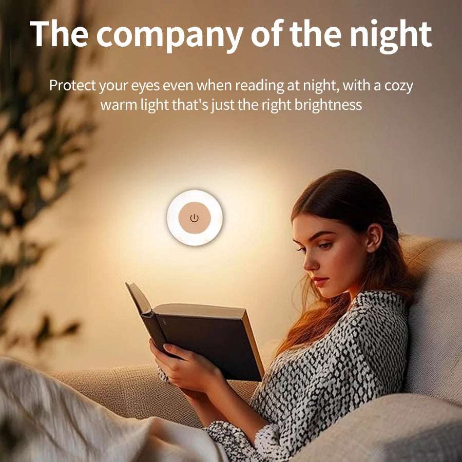 6CM Rechargeable Led Night Light with Touch Switch Wireless Wall Lamp Reading Book Light 3-Colors Dimmable for Bedroom Cabinet