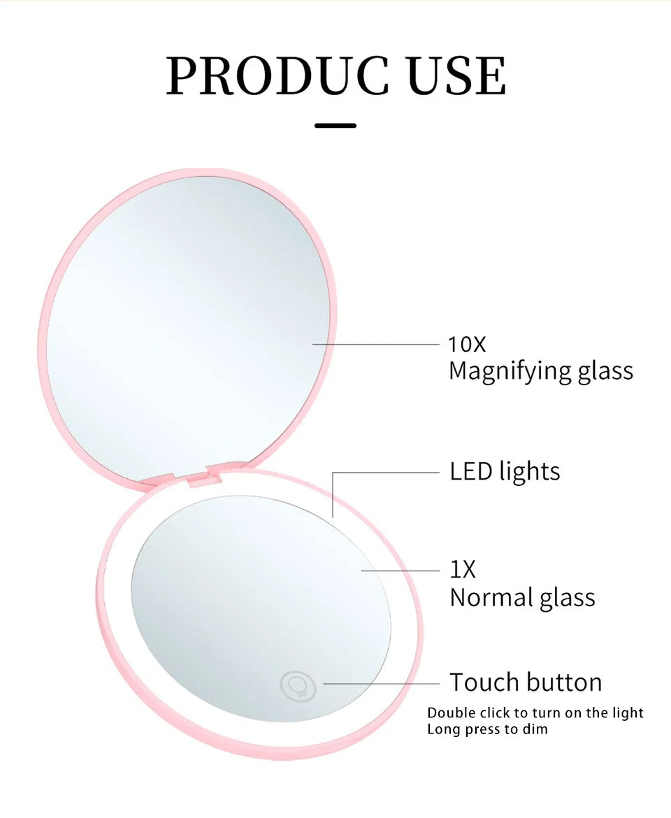 Miroir Compact Small Mini Player With Led Light Illuminated Women's Pocket Mirrors With 10x Magnification And Rechargeability