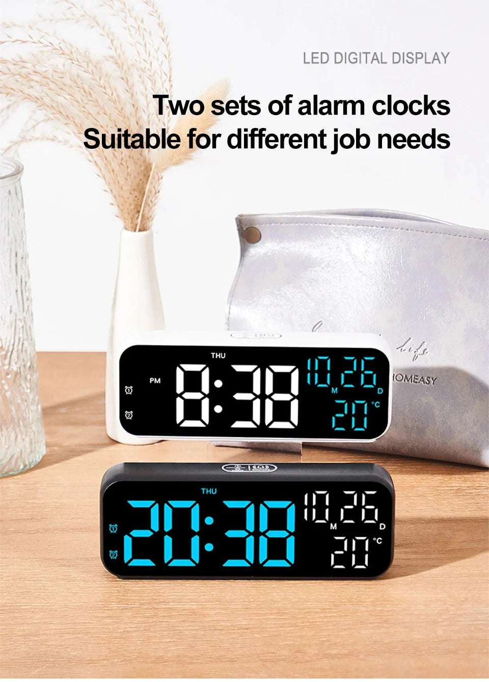 LED Digital Clock Temperature Date Week Display Desktop Clock 3 level Brightness Adjustment Voice Control Countdown Alarm Clock