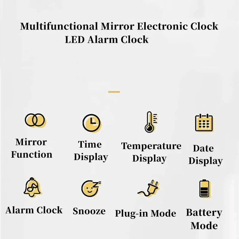 Mirror Digital Alarm Clock Temperature Date 2 Levels of Brightness Adjustment Snooze Table Clock 12/24H Night Mode LED Clock