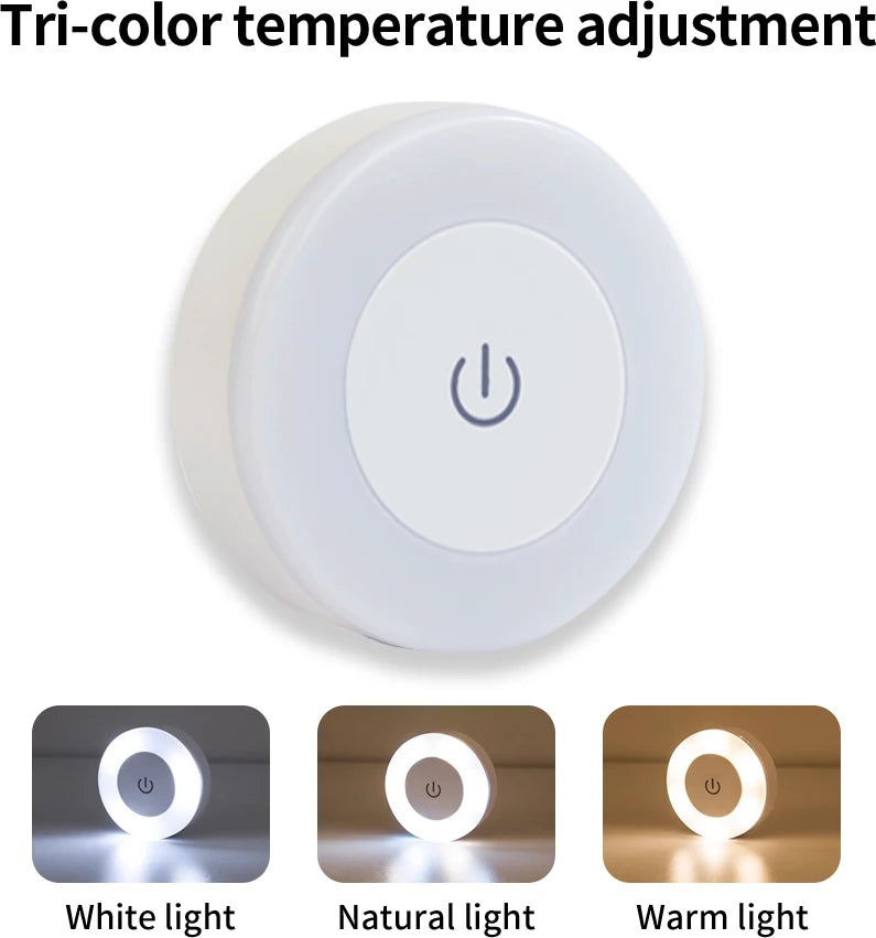 6CM Rechargeable Led Night Light with Touch Switch Wireless Wall Lamp Reading Book Light 3-Colors Dimmable for Bedroom Cabinet