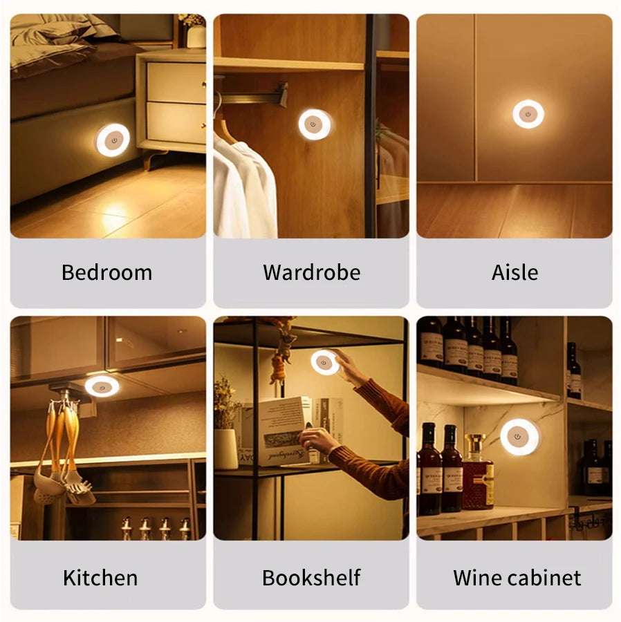 6CM Rechargeable Led Night Light with Touch Switch Wireless Wall Lamp Reading Book Light 3-Colors Dimmable for Bedroom Cabinet