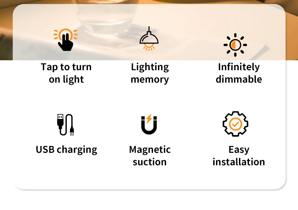 6CM Rechargeable Led Night Light with Touch Switch Wireless Wall Lamp Reading Book Light 3-Colors Dimmable for Bedroom Cabinet