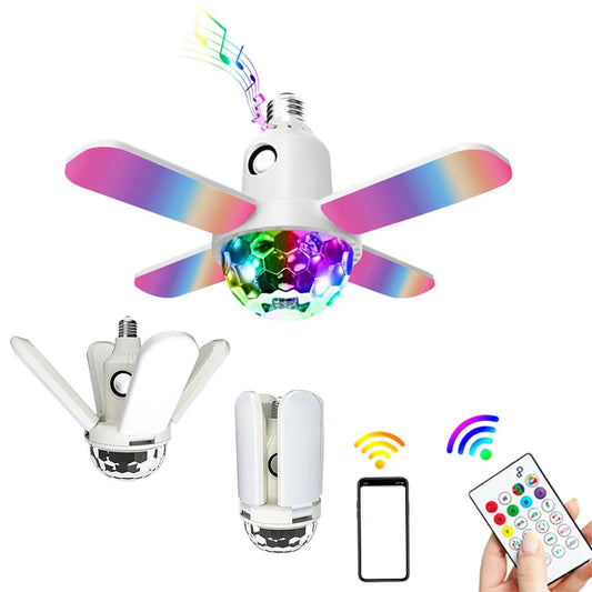 E27 LED Bulb Fan Blade Four-leaf Music Lamp Bluetooth Speaker Foldable LED Light Bulb Ceiling Light With Remote Controller