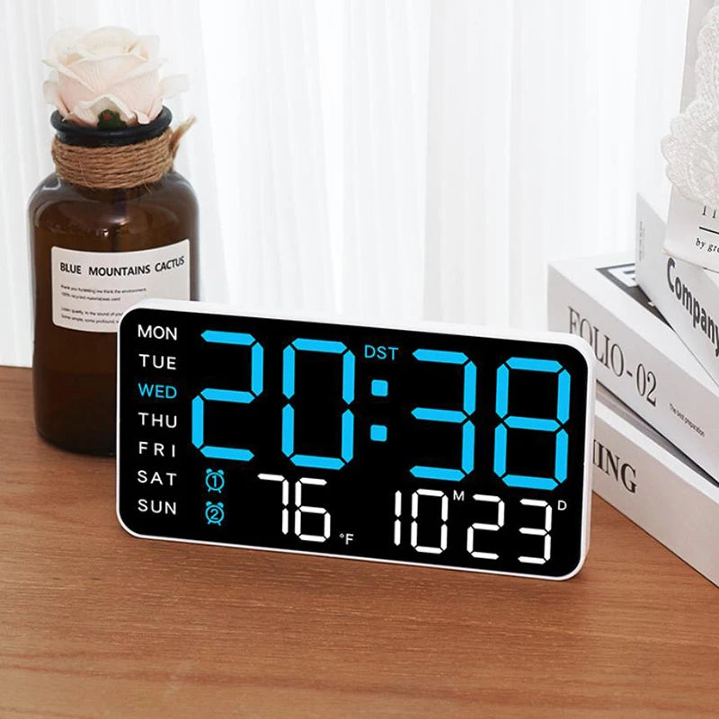 Large Digital Wall Clock With Voice Control LED Display Shows Week Date Temperature Alarm Brightness Adjustable 12/24H Format Fo