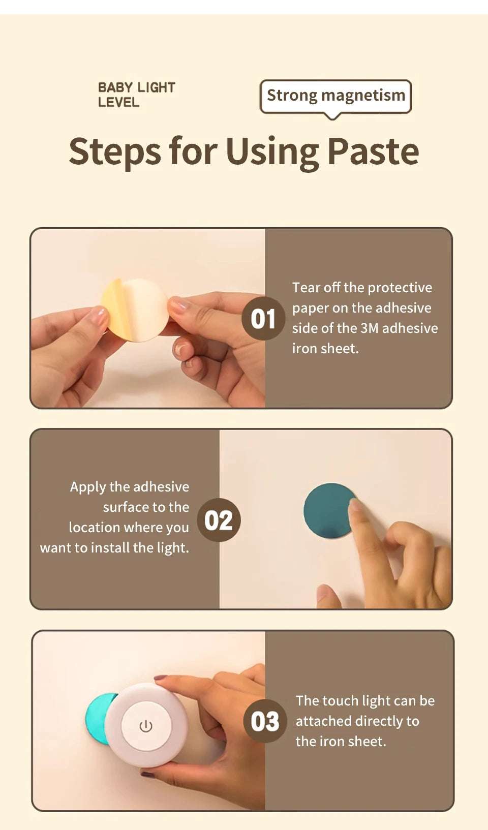 6CM Rechargeable Led Night Light with Touch Switch Wireless Wall Lamp Reading Book Light 3-Colors Dimmable for Bedroom Cabinet
