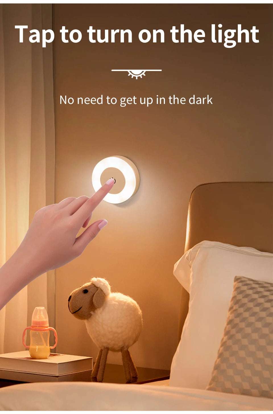 6CM Rechargeable Led Night Light with Touch Switch Wireless Wall Lamp Reading Book Light 3-Colors Dimmable for Bedroom Cabinet