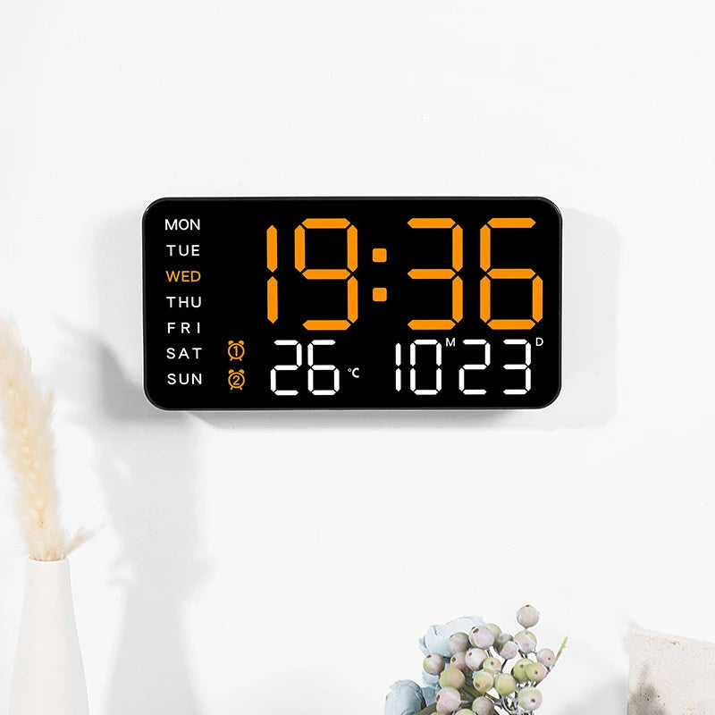 Large Digital Wall Clock With Voice Control LED Display Shows Week Date Temperature Alarm Brightness Adjustable 12/24H Format Fo