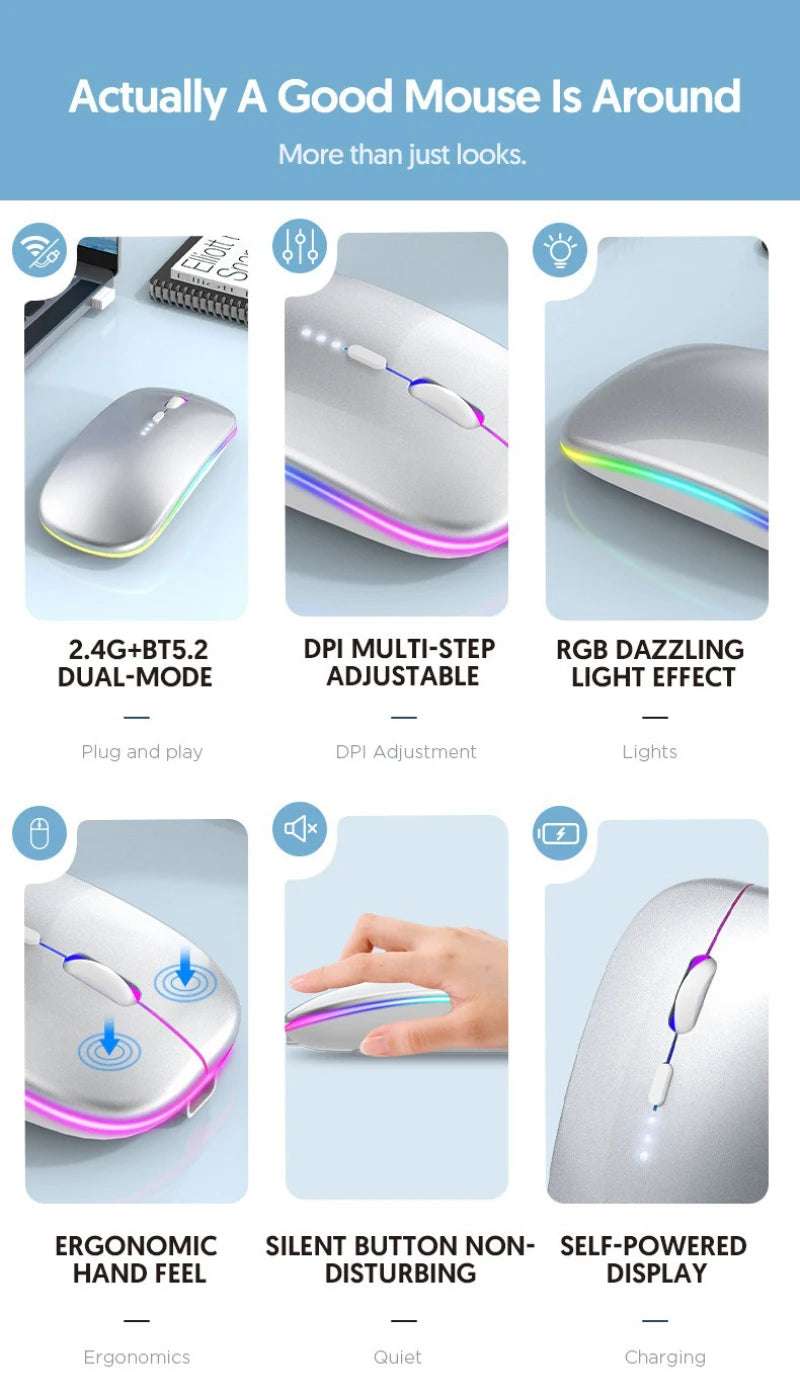 LED Wireless Mouse For Laptop Tablet PC Bluetooth RGB Rechargeable Mouses 2.4G+Bluetooth Silent Mice Backlit Gaming Mouse