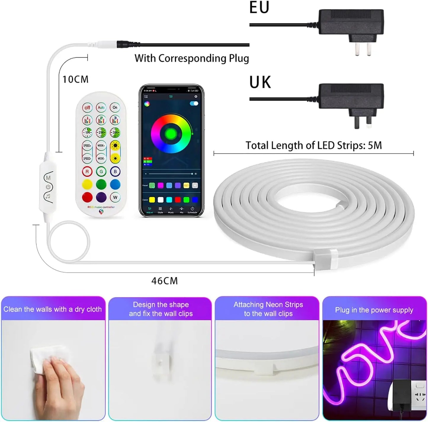 10M/5M RGB Smart WIFI Neon LED Strip Light Compatible with Alexa, 12V 108leds/m Waterproof Music Sync DIY Tape Controlled by APP