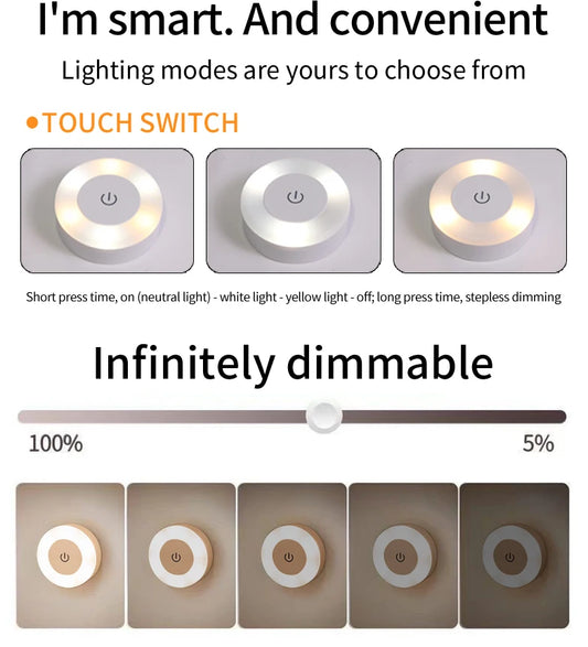 6CM Rechargeable Led Night Light with Touch Switch Wireless Wall Lamp Reading Book Light 3-Colors Dimmable for Bedroom Cabinet