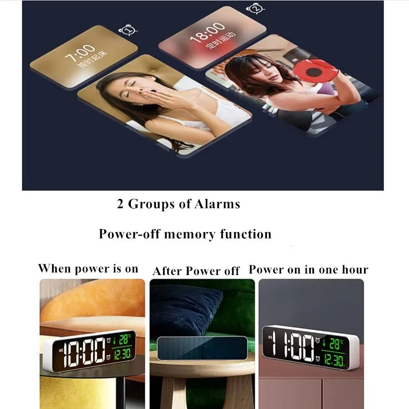 LED Digital Alarm Clock Temperature Date Display Snooze USB Desktop Mirror LED Clocks for Living Room Decoration