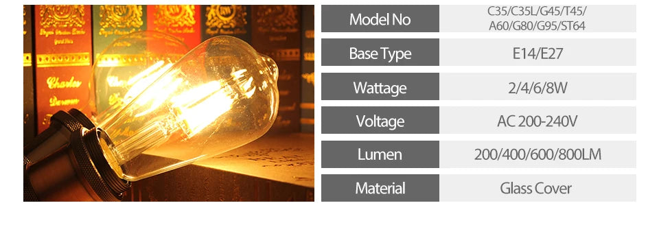 Retro Vintage LED Edison Lamp Bulb E27 E14 LED Filament light 220V 8W 6W 4W 2W Vintage Candle Light Ampoule Incandescent Bulb