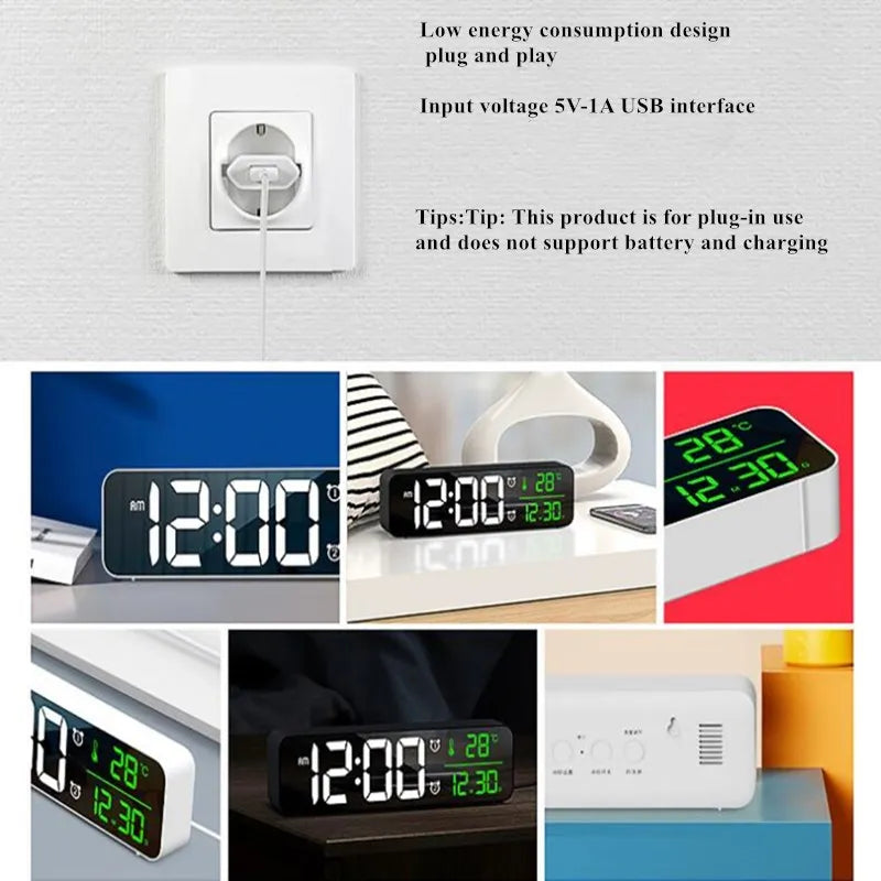 LED Digital Alarm Clock Temperature Date Display Snooze USB Desktop Mirror LED Clocks for Living Room Decoration