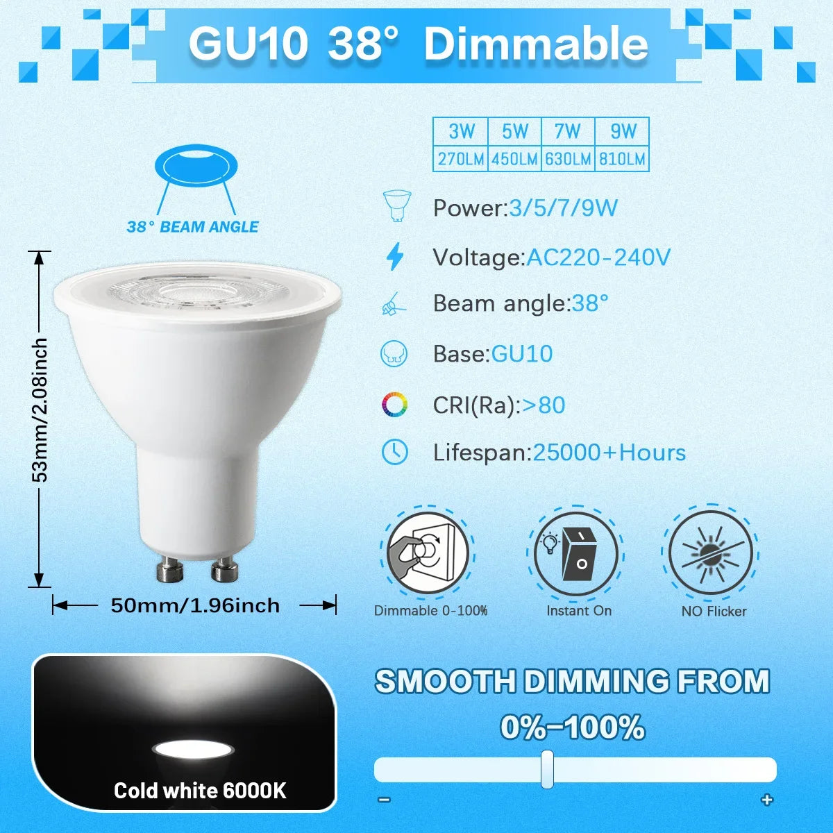 12PCS GU10 Dimmable Spot Bulbs 3W 9W 7W 5W Warm/Cool White 3000K 4000K 6000K LED Light Bulb GU10 Base  for Appliance Dimmable