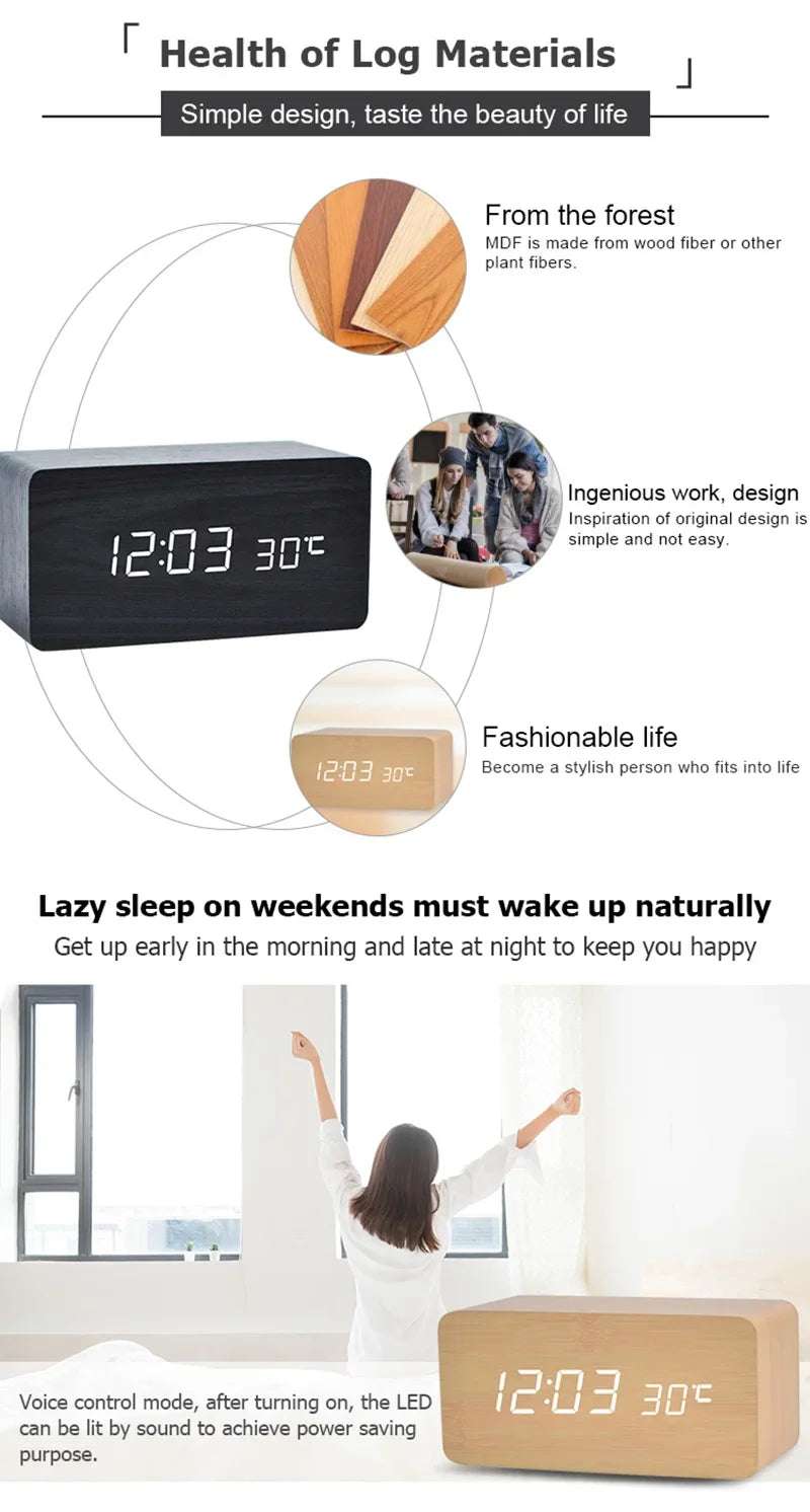 Retro wooden LED digital alarm clock silent with temperature night light electronic fashion wooden clock living room bedside
