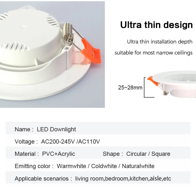 Ultrathin Led Downlight 7W 9W 12W 5W 3W 220V 110V Recessed Ceiling Light Round Square Panel Down Light Spotlight indoor Lighting