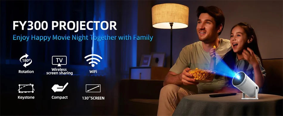 Projecteur de Cinéma Maison HOT FY300 - Support 4K, Dual Wifi6, Luminosité 260 ANSI et Rotation Flexible 180°
