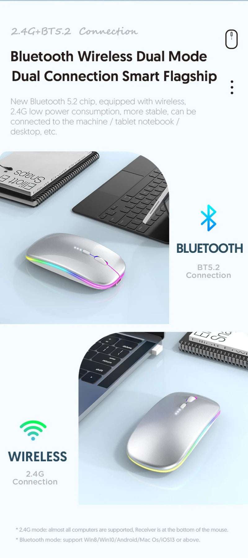LED Wireless Mouse For Laptop Tablet PC Bluetooth RGB Rechargeable Mouses 2.4G+Bluetooth Silent Mice Backlit Gaming Mouse