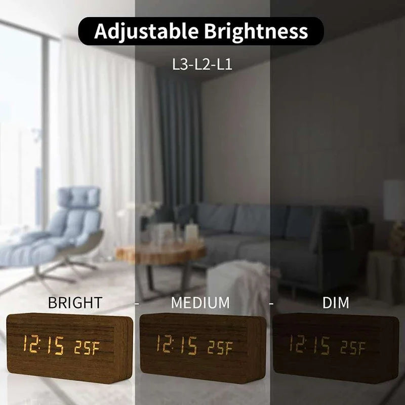 Retro wooden LED digital alarm clock silent with temperature night light electronic fashion wooden clock living room bedside