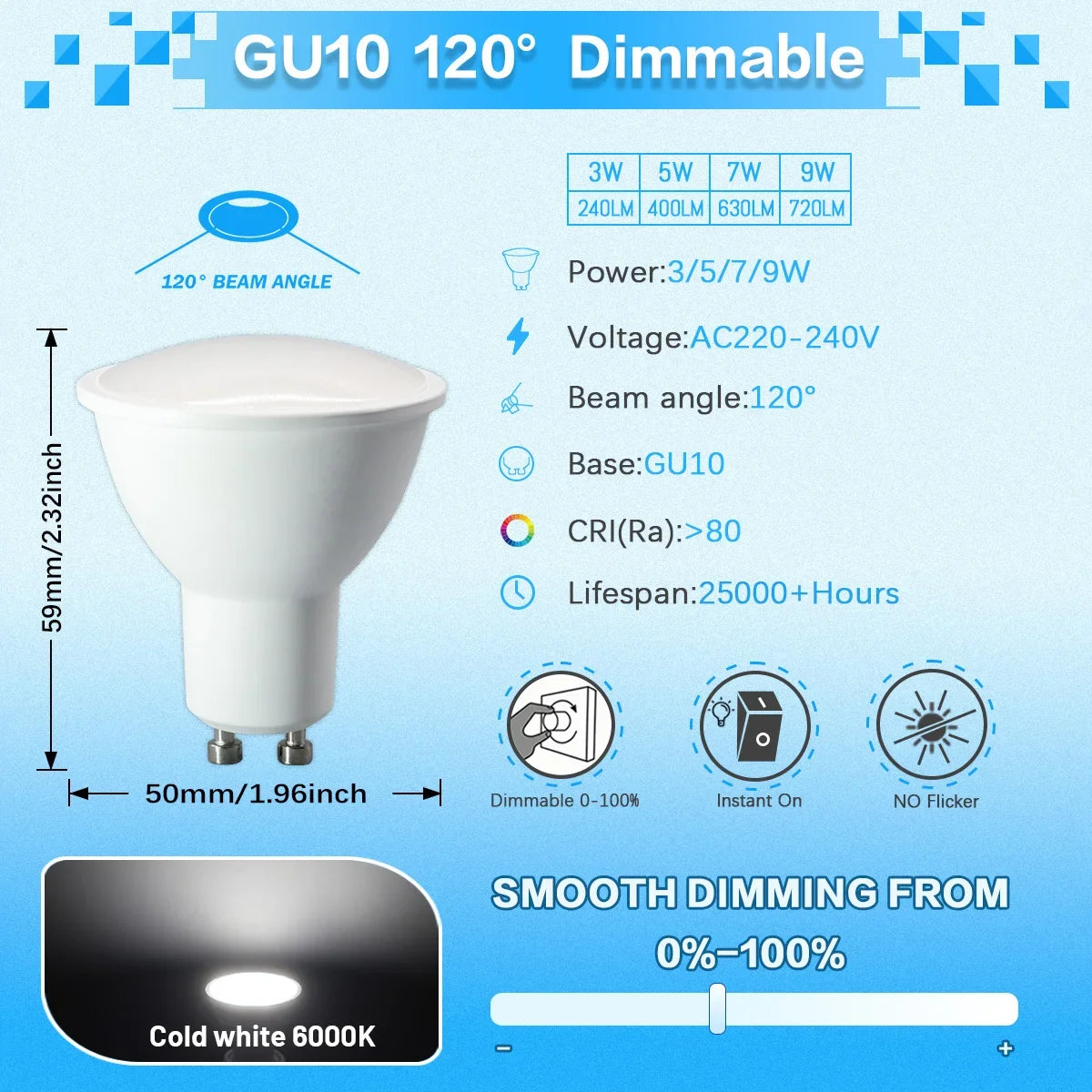 12PCS GU10 Dimmable Spot Bulbs 3W 9W 7W 5W Warm/Cool White 3000K 4000K 6000K LED Light Bulb GU10 Base  for Appliance Dimmable