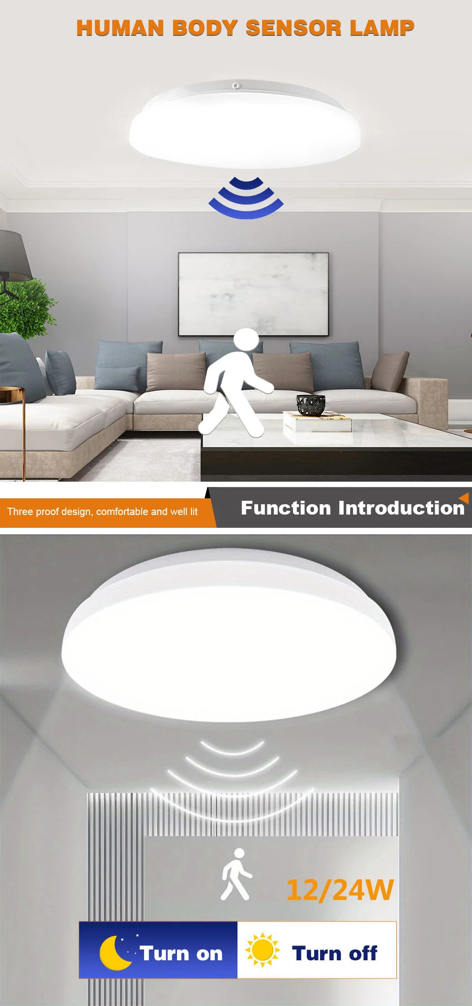 LED Ceiling Lights PIR Motion Sensor LED bulb Smart  Home Lighting Ceiling led lamp 12W 24W For Room Hallways Corridor 85-265VV