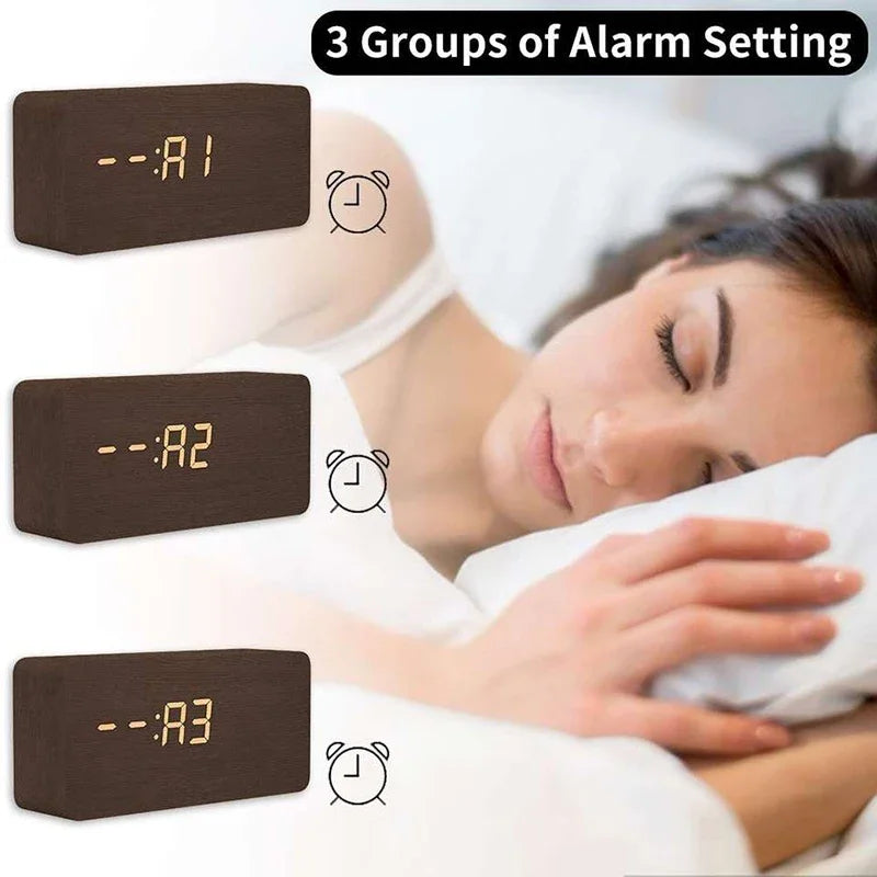 Retro wooden LED digital alarm clock silent with temperature night light electronic fashion wooden clock living room bedside