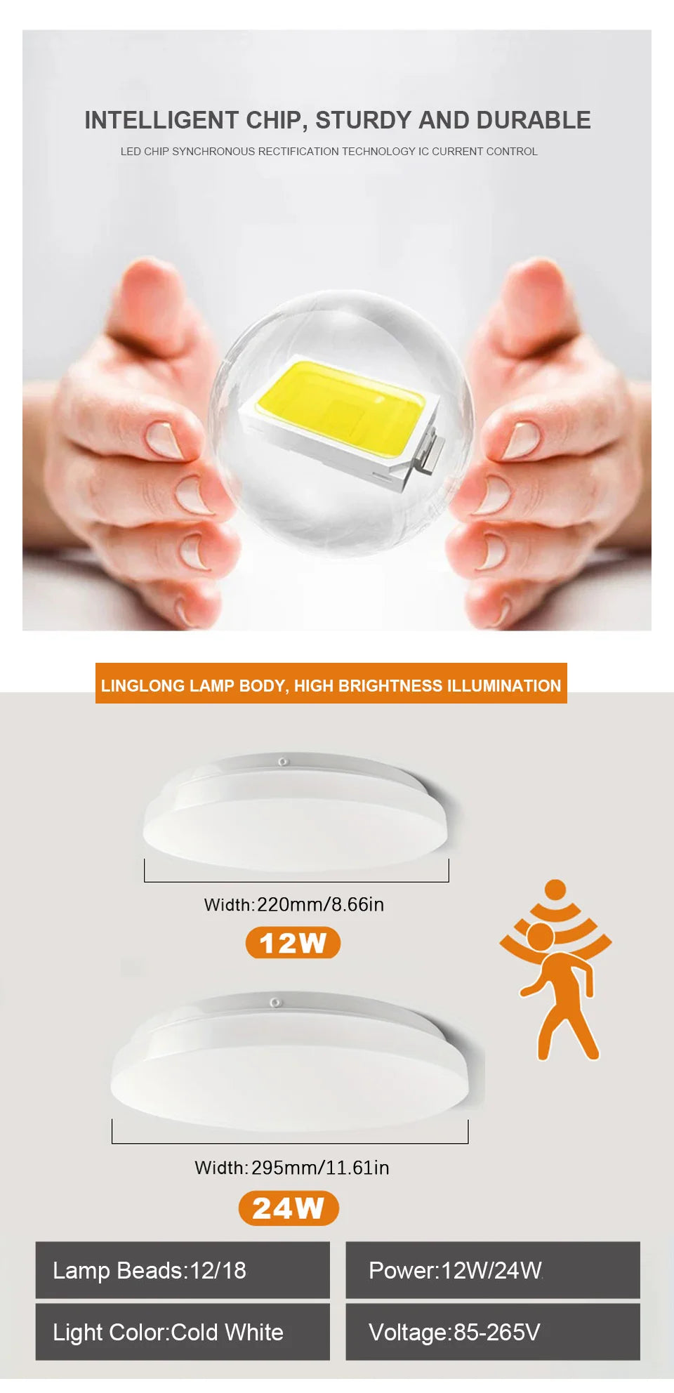 LED Ceiling Lights PIR Motion Sensor LED bulb Smart  Home Lighting Ceiling led lamp 12W 24W For Room Hallways Corridor 85-265VV