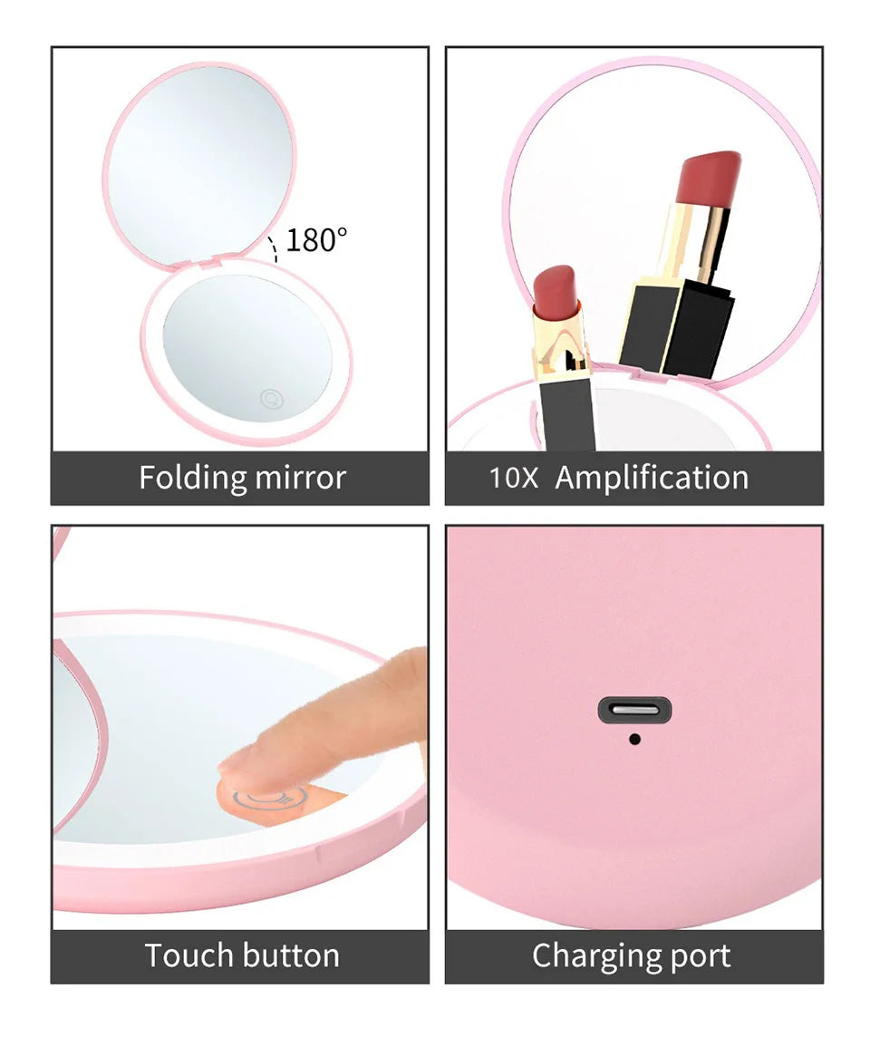 Miroir Compact Small Mini Player With Led Light Illuminated Women's Pocket Mirrors With 10x Magnification And Rechargeability