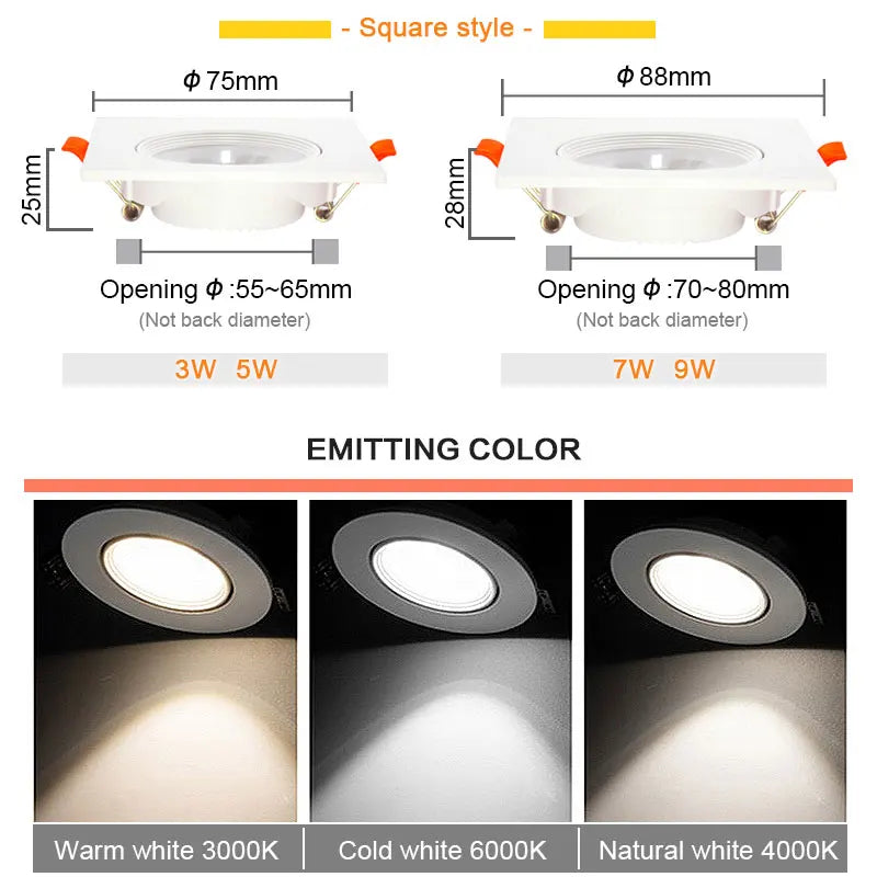 Ultrathin Led Downlight 7W 9W 12W 5W 3W 220V 110V Recessed Ceiling Light Round Square Panel Down Light Spotlight indoor Lighting