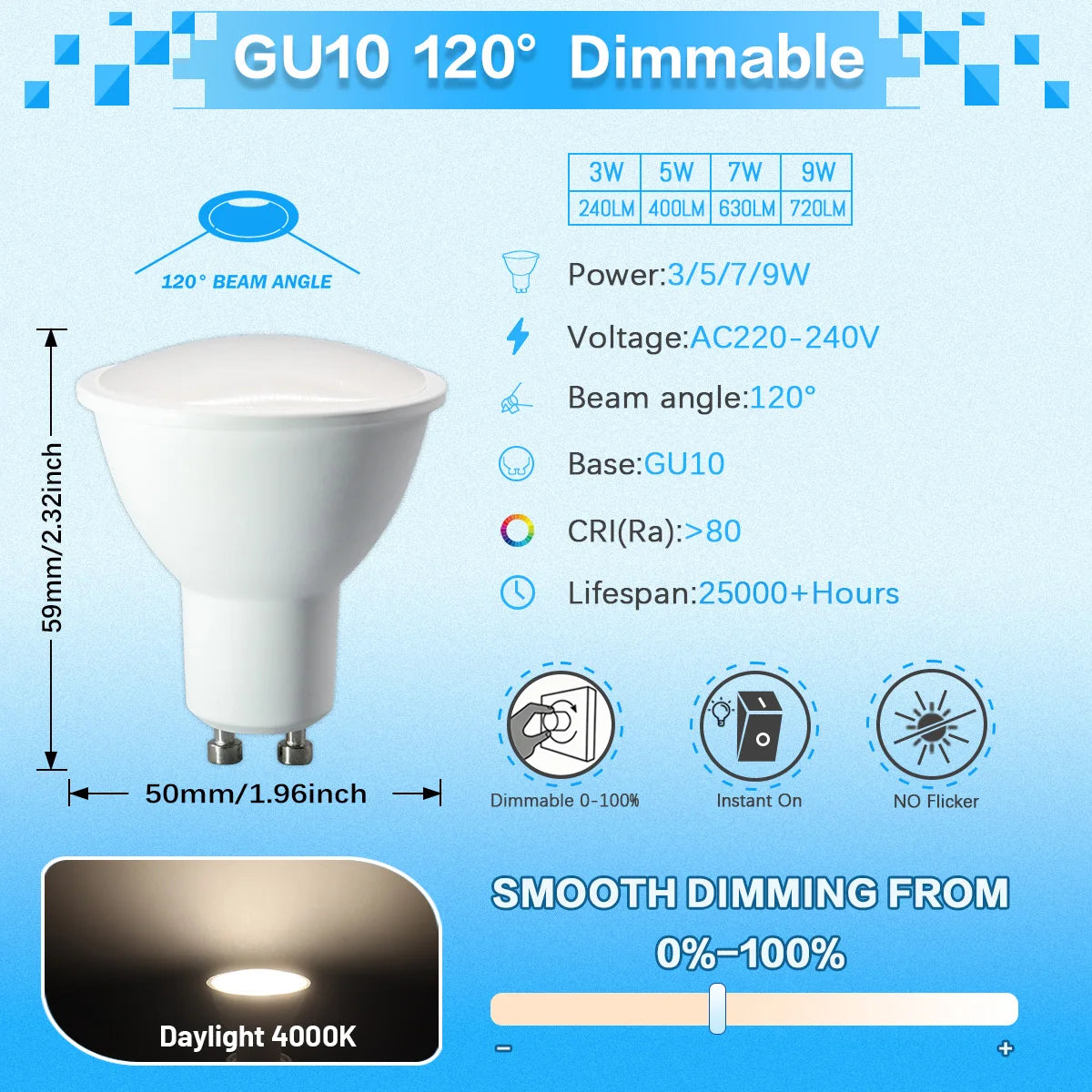 12PCS GU10 Dimmable Spot Bulbs 3W 9W 7W 5W Warm/Cool White 3000K 4000K 6000K LED Light Bulb GU10 Base  for Appliance Dimmable