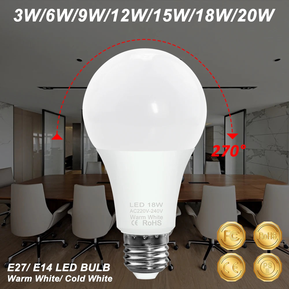 LED Bulb E27 Lamp 220V Lights E14 Spotlight 240V Lampada Leds Chandeliers 3W 6W 9W 12W 15W 18W 20W Bombillas For Home Ampoule