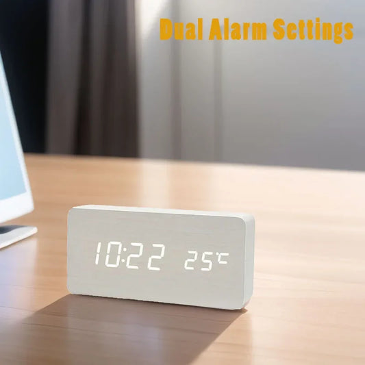 Retro wooden LED digital alarm clock silent with temperature night light electronic fashion wooden clock living room bedside