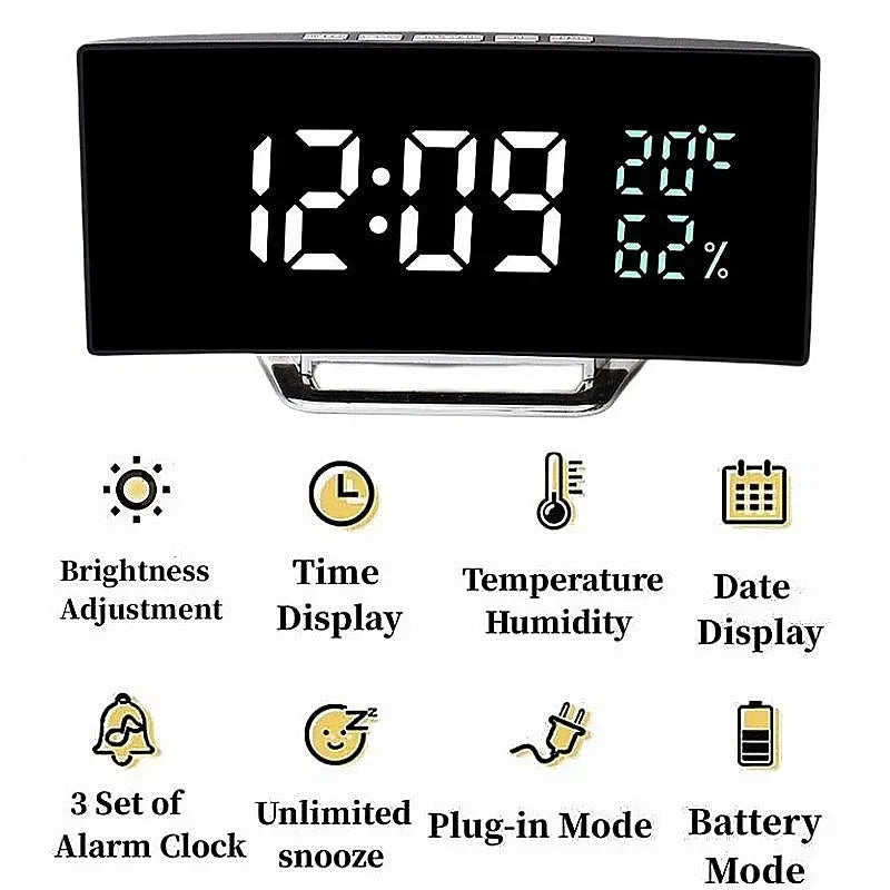 Mirror Digital Alarm Clock Temperature Date 2 Levels of Brightness Adjustment Snooze Table Clock 12/24H Night Mode LED Clock
