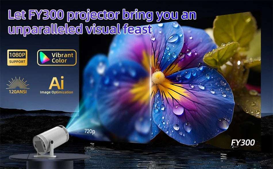 Projecteur de Cinéma Maison HOT FY300 - Support 4K, Dual Wifi6, Luminosité 260 ANSI et Rotation Flexible 180°