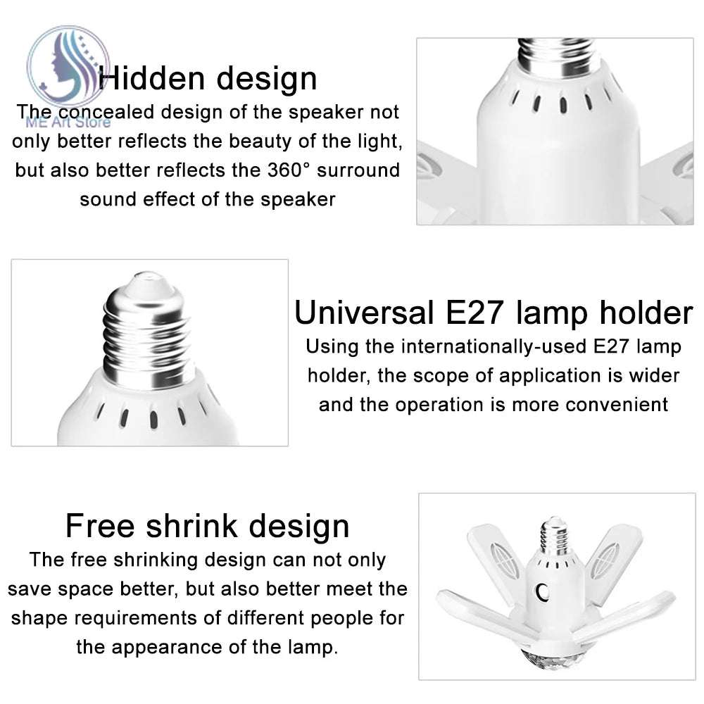 E27 LED Bulb Fan Blade Four-leaf Music Lamp Bluetooth Speaker Foldable LED Light Bulb Ceiling Light With Remote Controller