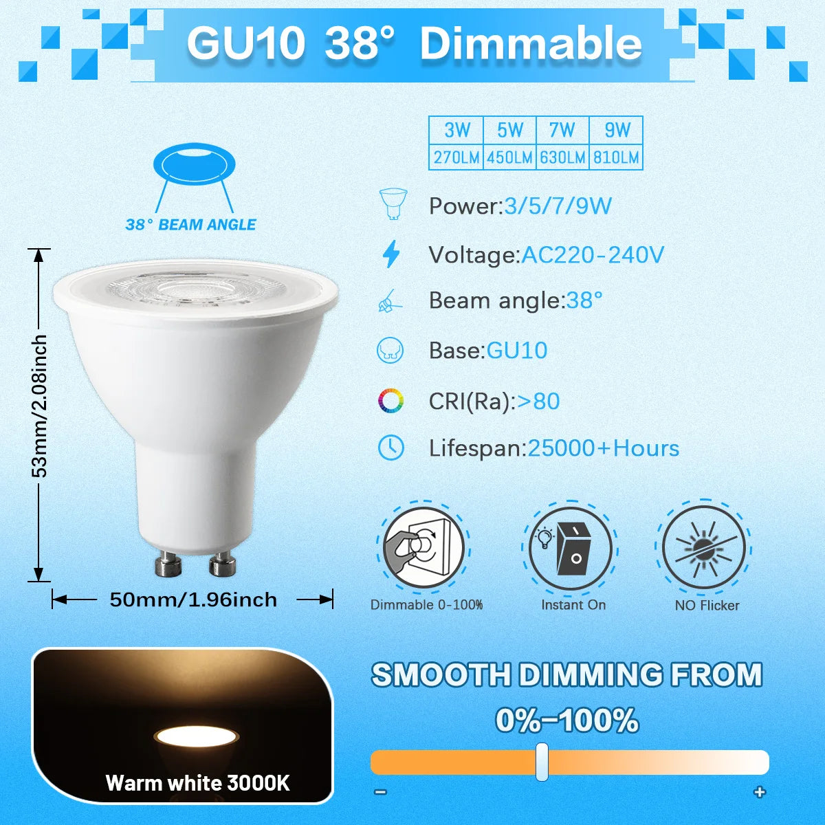 12PCS GU10 Dimmable Spot Bulbs 3W 9W 7W 5W Warm/Cool White 3000K 4000K 6000K LED Light Bulb GU10 Base  for Appliance Dimmable