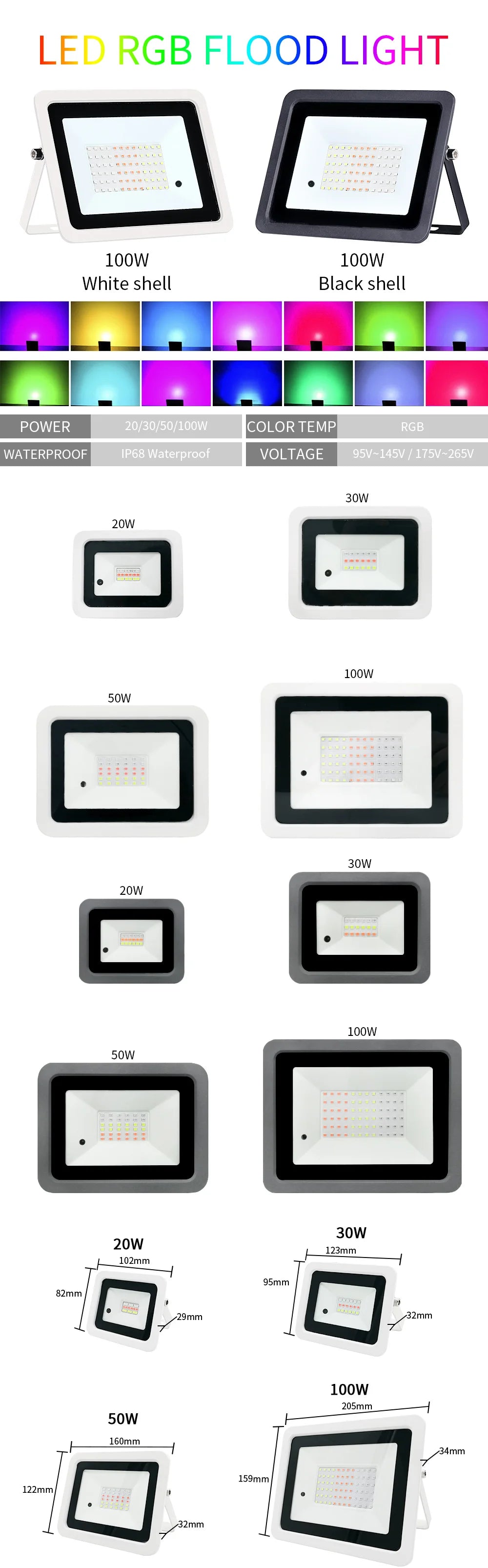 RGB LED Projector 20W 30W 50W 100W RGB LED Lights IP68 Waterproof LED Spotlight 110V / 220V Outdoor Christmas Projector