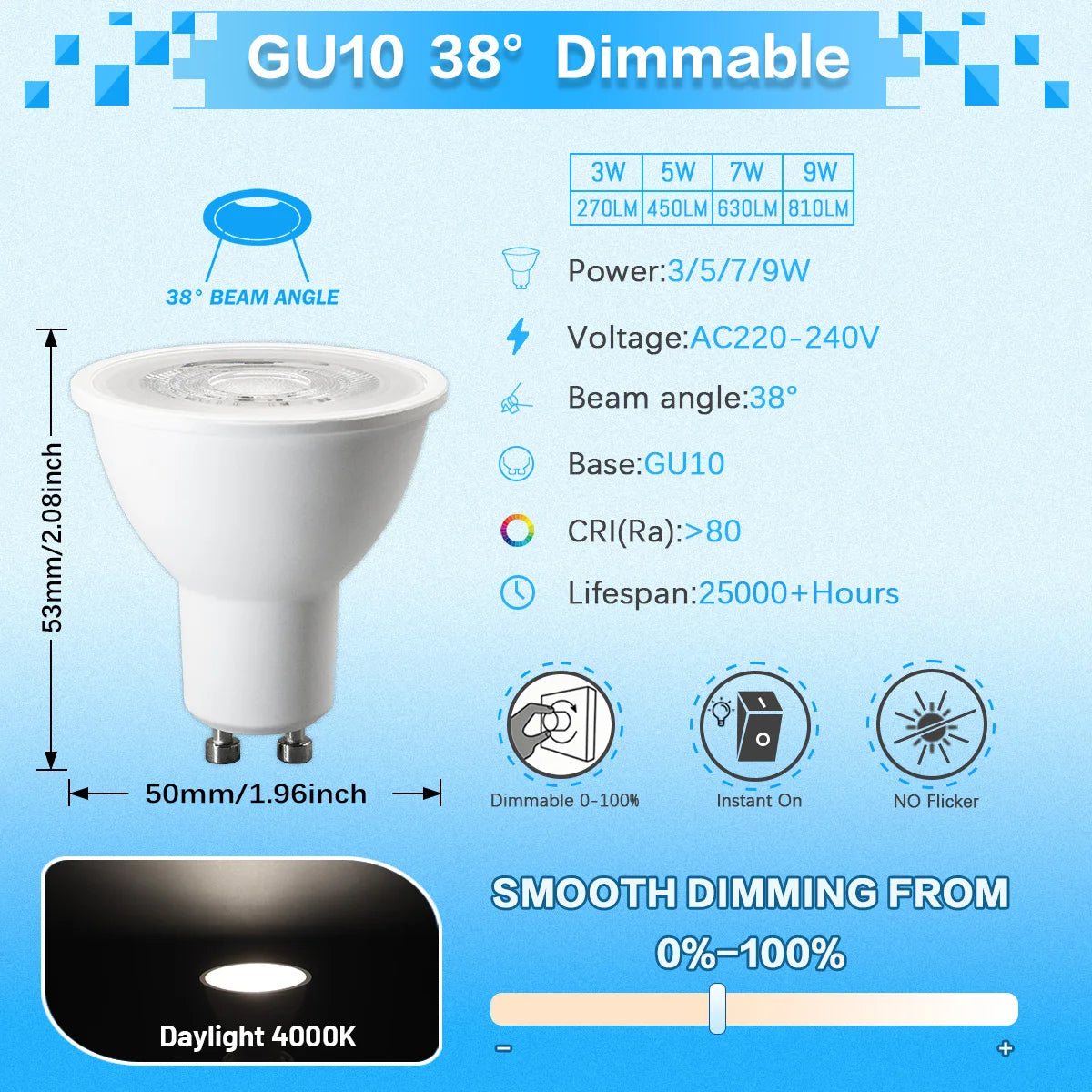 12PCS GU10 Dimmable Spot Bulbs 3W 9W 7W 5W Warm/Cool White 3000K 4000K 6000K LED Light Bulb GU10 Base  for Appliance Dimmable